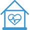 icon of a blue house with a heart in the middle with an ekg symbol in the middle of the heart